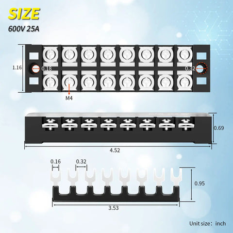 Dimensions of Durable 25A 600V Dual Row Screw Terminal Block With Cover 8 Position Pre Insulated Wire Terminal Strip PC Shell