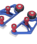 High Grade Woodworking Bearing Roller Feeder Pair Aluminum Alloy Table Saw Feeding Guide, blue and red dual roller design.