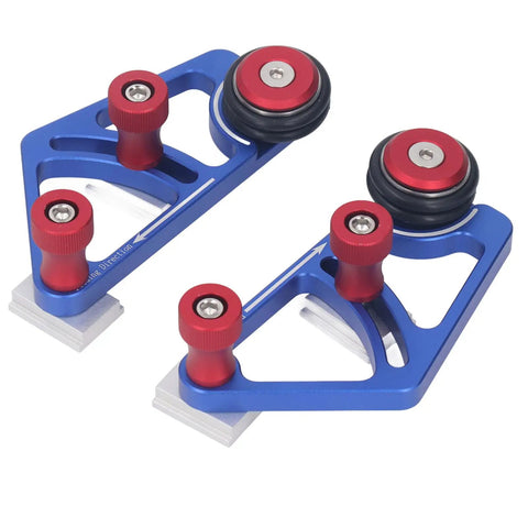 High Grade Woodworking Bearing Roller Feeder Pair Aluminum Alloy Table Saw Feeding Guide, blue and red dual roller design.