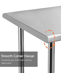 Close-up of smooth corner design on Stainless Steel Prep Table 24x36 Inches 4 Ft Heavy Duty With Undershelf For Commercial Kitchen And Home Use