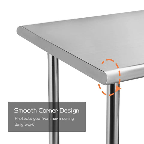 Close-up of smooth corner design on Stainless Steel Prep Table 24x36 Inches 4 Ft Heavy Duty With Undershelf For Commercial Kitchen And Home Use