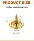 Gold Flat Head Upholstery Thumb Tacks 100 Count Top Shelf Decorative Push Nails For Furniture Wood Wall Crafting Projects, 8mm shank detail.