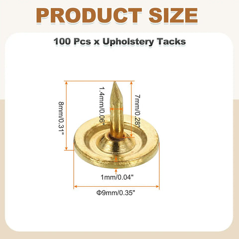 Gold Flat Head Upholstery Thumb Tacks 100 Count Top Shelf Decorative Push Nails For Furniture Wood Wall Crafting Projects, 8mm shank detail.