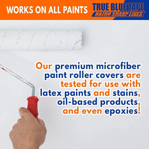 Person holding 4 Inch Top Notch Microfiber Paint Roller Covers For All Surfaces, Pro Grade 3/8 Inch Nap applying paint