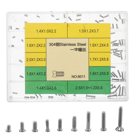 No Sweat Heavy Duty Stainless Steel Watch Screws Assortment Set Featuring Precision Flat Head Micro Fasteners For Watch Band Link Adjustment And Repairs displayed in a clear organizer.