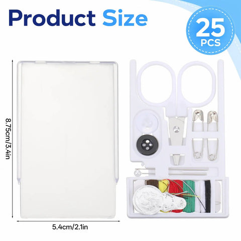 25 Pack Mini Sewing Kits Bulk On The Go Quick Fix Solid Wardrobe Essentials including scissors, buttons, and thread.