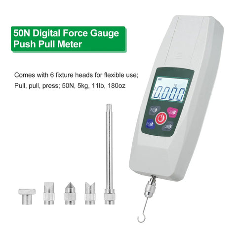 Workhorse Digital Push Pull Force Gauge Portable Dynamometer With Auto Shutdown Real Time And Peak Modes Four Unit Conversion Tension And Pressure Tester Handheld Meter For Diy Lab And Industrial Use, 50N, ABS steel, with 6 heads