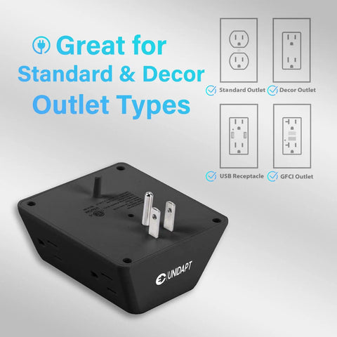 Six Outlet Wall Plug Extender With Surge Protector shown with outlet type illustrations for outlets compatibility.