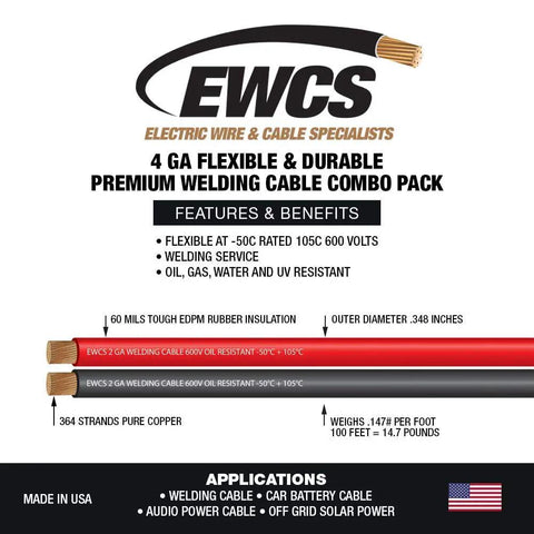 4 Gauge Premium Extra Flexible Welding Cable 600 Volt 10 Feet Each Black and Red Dual Color Sunlight Resistant Water Resistant
