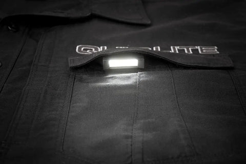 White LITE Hands Free LED Pocket Light With USB Rechargeable Power clipped on black uniform pocket illuminating fabric