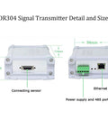 Front and back views of DR304 signal transmitter with labeled connecting sensor, Ethernet, and RS485 ports, 94x42x114 mm size