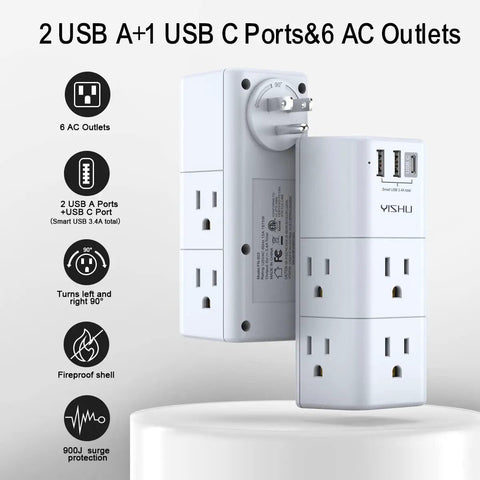 Six Outlet USB Power Strip With Surge Protector And Rotating Plug, 3 USB Ports, 3-Sided Swivel Design featuring outlets