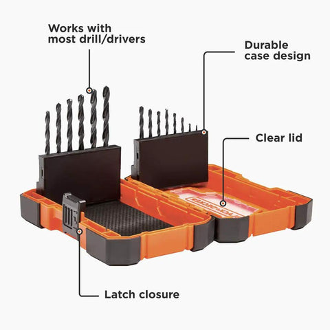 Go To Drill Bit Set For Home Projects 14 Piece 1/16 To 1/4 Inch Versatile Bits in open storage case with clear lid