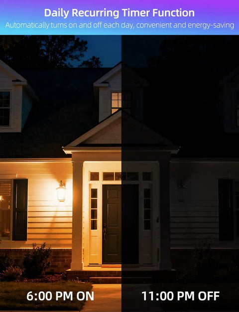 Lit Color Changing LED Bulb With Remote RGB 6 Modes Dimmable E26 Base illuminating porch at 6 PM, off at 11 PM, in split view.