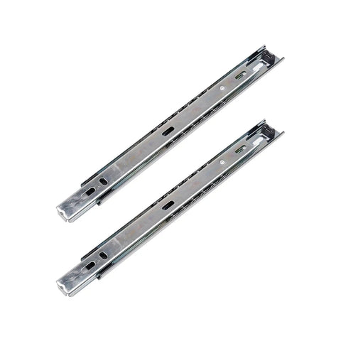 Heavy Duty 9 Inch Side Mount Drawer Slides Solid Ball Bearing Cabinet Hardware shown from the side angle in shiny steel finish.