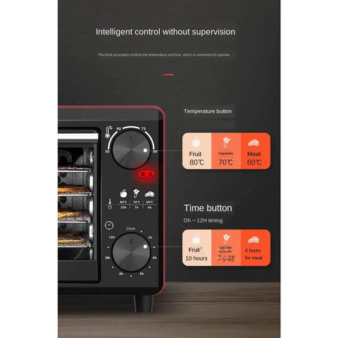 Top Notch 5 Layer Food Dehydrator With Mute No Sweat Drying Cycle And Easy Peasy 24 Hour Timer control panel showing temperature and time settings.