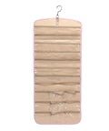 Slick Double Sided Hanging Jewelry Organizer With Foldable Design And Ample Pockets For Rings Earrings Watches, beige with clear pockets, travel-friendly.