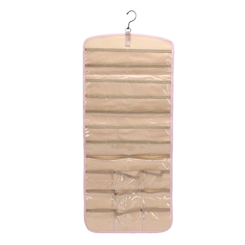 Slick Double Sided Hanging Jewelry Organizer With Foldable Design And Ample Pockets For Rings Earrings Watches, beige with clear pockets, travel-friendly.