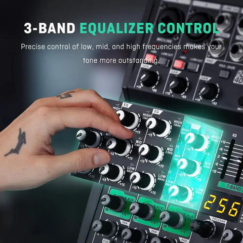 User adjusting 3-band equalizer on the 4 Channel DJ Mixer With Bluetooth, USB MP3 Input, 256 DSP, 48V Phantom Power