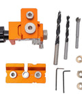 Rock Solid Double Hole Drilling Positioner With 12mm Eccentric Nut Drill Guide, orange jig with drill bits and accessories.