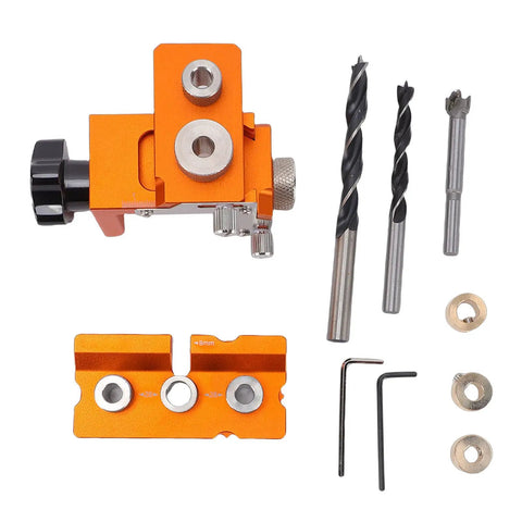 Rock Solid Double Hole Drilling Positioner With 12mm Eccentric Nut Drill Guide, orange jig with drill bits and accessories.