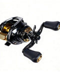 Baitcasting fishing reel in black and gold, side view with dual brake system, right-hand retrieve
