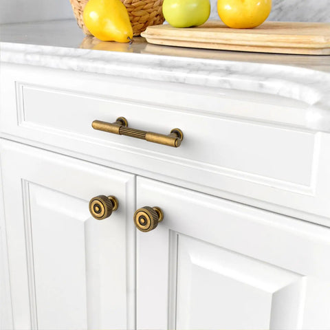 Close-up of a 10 Pack 3 Inch Brushed Antique Brass Cabinet Pulls For Kitchen Cabinets Cupboards And Drawers Beefy Sturdy Metal Hardware