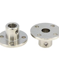 Two metal 6mm rigid flange shaft couplers with flanged hubs and four mounting holes