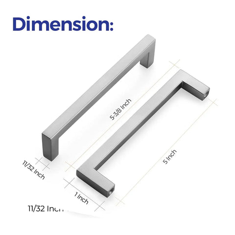 Solid 5 Inch Center To Center Slick Slim Square Bar Drawer Handles Brushed Nickel 20 Pack with dimensions