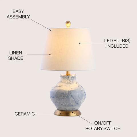 Blue And White Marbleized Ceramic Table Lamp With Gold Accents And White Linen Empire Shade, Contemporary Traditional Bedside Lamp For Living Room Or Nightstand, LED Bulb Included, Cozy Glow