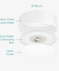 Exploded view of Drum LED Ceiling Light With White Fabric Drum Shade 15.75 Inch Flush Mount Remote Control With 9 Dimming.