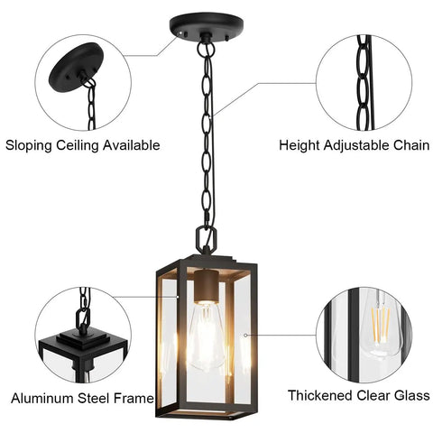 Modern Outdoor Pendant Light With Rock Solid Aluminum Build And Clear Glass Panel Waterproof Rust Proof Exterior hanging lamp with adjustable chain.