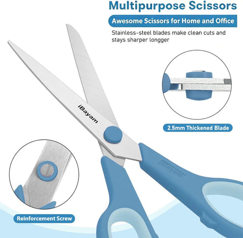 All Purpose Heavy Duty Scissors 3 Pack With 2.5mm Thick Stainless Steel Blades Built Tough Like A Beast For Cardboard Burlap Carpet Leather Vinyl Denim Canvas And More blue scissors close-up
