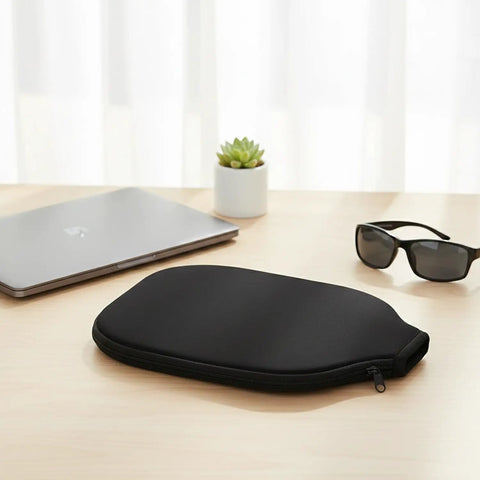 Durable Neoprene Racket Cover With Full Zip Protective Sleeve For Pickleball Paddles And Tennis Rackets on desk with laptop and sunglasses