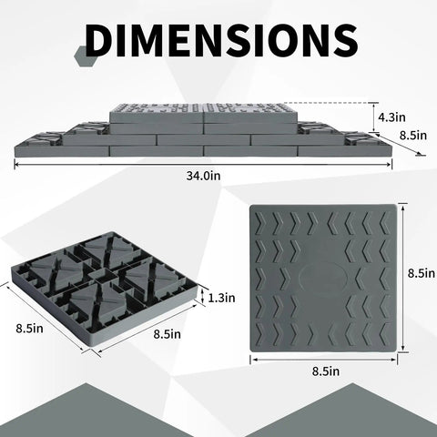 Rock Solid Interlocking RV Leveling Blocks 12 Pack Adjustable Stackable Wheel Supports For Campers Travel Trailers Fifth Wheel No Sweat Setup Top Shelf Grey dimensions showing size, design, and detailed measurements.