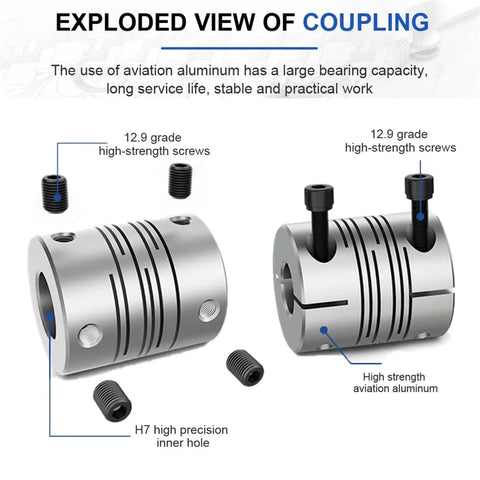 Exploded view of High-Octane Aluminum Alloy Parallel Line Coupling for 3D Printers And Encoders LT-D19L25 showing screws and parts.