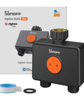 Hydro Duo Zigbee Sprinkler Timer With 2 Zones For Yard, Brass Inlet, IP65 Weather Adaptive, Type C Power And 4 AA Batteries, Flow Meter, Weatherproof Irrigation Controller, Requires Zigbee Hub, Compatible With Home Assistant. Two-zone black sprinkler timer with brass inlet and box