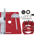 Premium Router Lift Kit With Aluminum Base Plate And Insert Plate For Woodworking showing red aluminum plates and accessories.