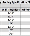 Vinyl tubing specification chart showing HydroMaxx black tubing sized 1/2" ID x 5/8" OD