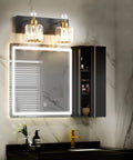2 Crystal Vanity Light In Black And Gold Modern Over Mirror Wall Fixture With Crystal Shades Sleek And Lit Bathroom Lighting For Your Powder Room Lux Contemporary Bath Decor showcasing dual crystal lights above a modern mirror.