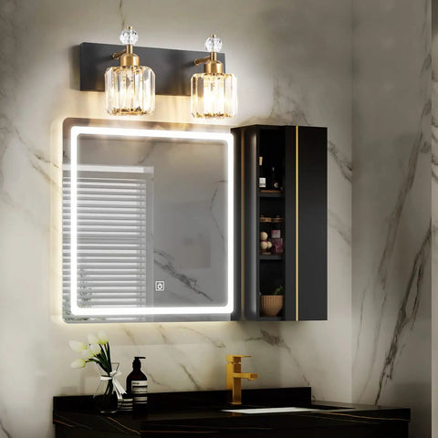 2 Crystal Vanity Light In Black And Gold Modern Over Mirror Wall Fixture With Crystal Shades Sleek And Lit Bathroom Lighting For Your Powder Room Lux Contemporary Bath Decor showcasing dual crystal lights above a modern mirror.