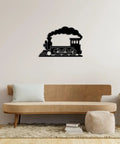 Steam Locomotive Metal Wall Art For Indoor Outdoor Decor Rustic Industrial Silhouette Sign Black 16 Inch over a brown sofa
