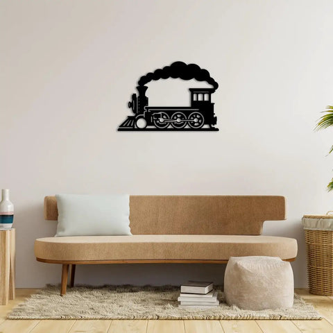 Steam Locomotive Metal Wall Art For Indoor Outdoor Decor Rustic Industrial Silhouette Sign Black 16 Inch over a brown sofa