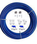 RO Water System Ice Maker Kit One Quarter Inch Tubing With Quick Connect Fittings And Ball Valves For Fridge Ice Makers Includes Sixteen Point Four Feet Of One Quarter Inch OD Tubing And Blue Water Pipe, showing coiled tubing and fittings.