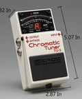 Product dimensions for Chromatic Tuner Pedal Bundle With High Brightness LED Meter Accu Pitch Sign Guitar And Bass Modes Accurate To Within One Cent 7 String Ready Includes Power Supply Instrument Cable Patch Cable And Picks shown on a gray background.