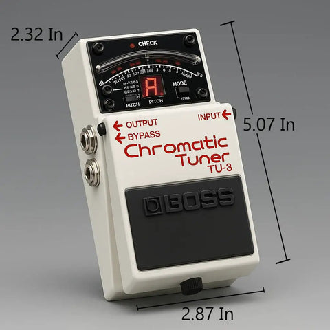 Product dimensions for Chromatic Tuner Pedal Bundle With High Brightness LED Meter Accu Pitch Sign Guitar And Bass Modes Accurate To Within One Cent 7 String Ready Includes Power Supply Instrument Cable Patch Cable And Picks shown on a gray background.