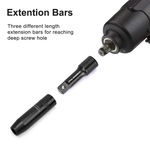 9 Piece Socket Extension Bar Set For 1/4, 3/8, And 1/2 Inch Drives With Black Phosphate Finish Demonstrated in Use