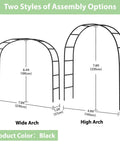 7.8Ft Garden Arch Trellis Black Metal Frame For Climbing Plants Ideal For Weddings Parties And Garden Entrances Durable Outdoor Archway To Elevate Your Backyard Vibes Easy Assembly And Disassembly Measuring 55 Inches Wide And 94 Inches High, two assembly options shown with dimensions