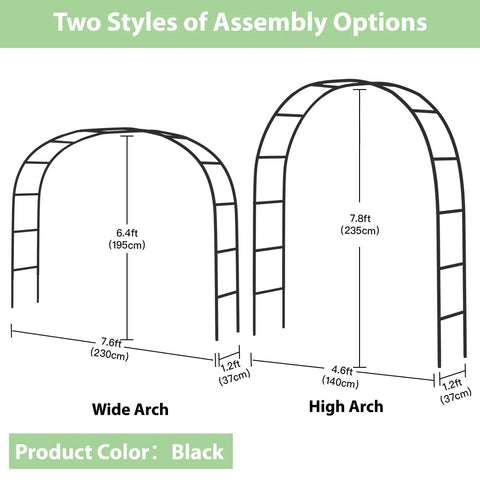 7.8Ft Garden Arch Trellis Black Metal Frame For Climbing Plants Ideal For Weddings Parties And Garden Entrances Durable Outdoor Archway To Elevate Your Backyard Vibes Easy Assembly And Disassembly Measuring 55 Inches Wide And 94 Inches High, two assembly options shown with dimensions