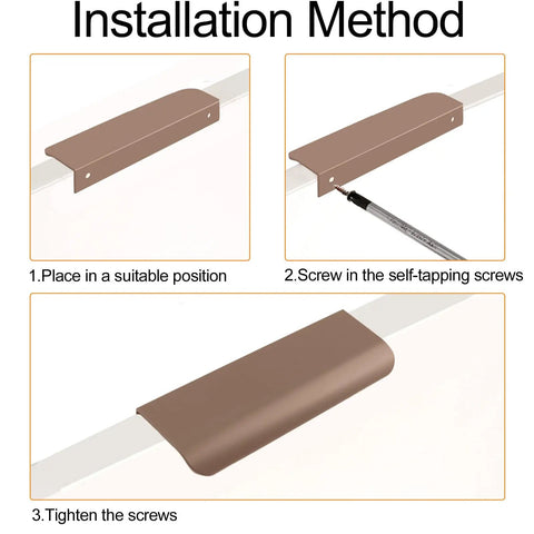 Installation guide for Curved Aluminum Finger Edge Drawer Pulls 120mm Brown 16 Pack showing self-tapping screw steps.